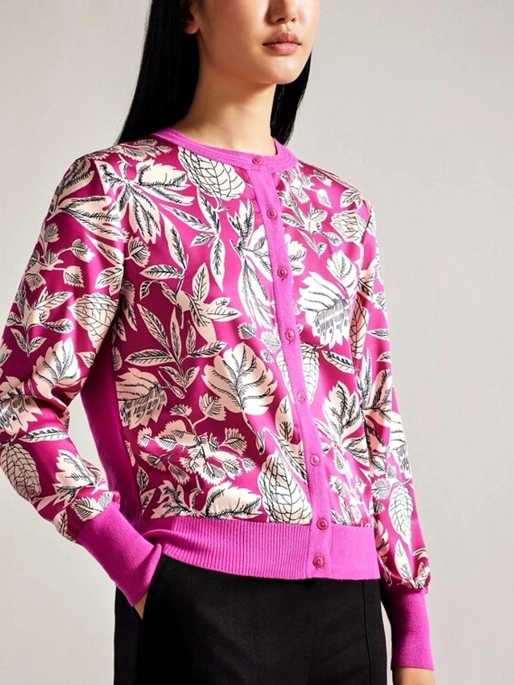 Ted Baker Sunaiy Mixed Media Floral Woven Cardigan Sweater Pink